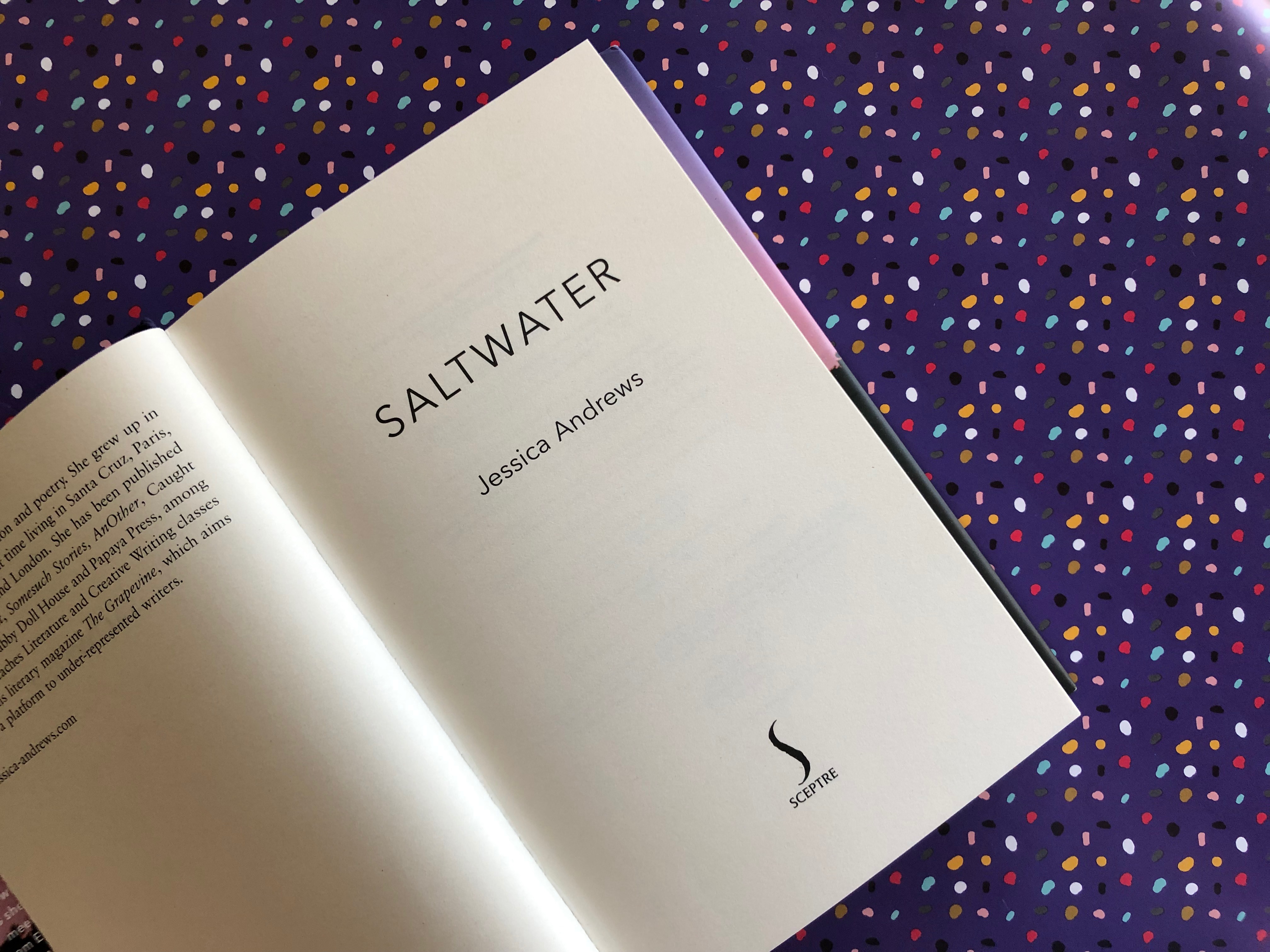 Foto da página de rosto do livro Saltwater de Jessica Andrews.