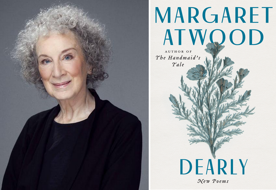 A imagem mostra uma foto de Margaret Atwood à esquerda e a capa do livro "Dearly" à direita.