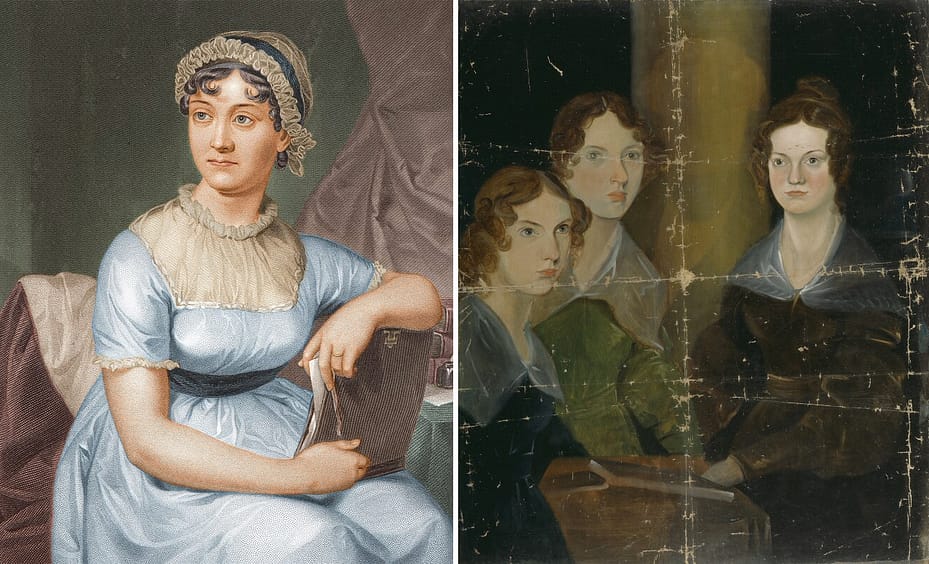 Imagem repartida ao meio. À esquerda, um retrato de Jane Austen. À direita, um retrato de Charlotte, Emily e Anne Brontë.