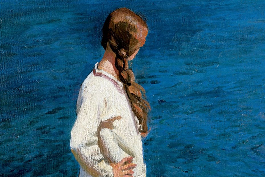 Ao Farol de Virginia Woolf é leitura de novembro do clube do livro. A imagem é uma pintura de uma mulher observado o oceano. O cabelo dela é castanho e está em uma trança. Ela usa um vestido branco.